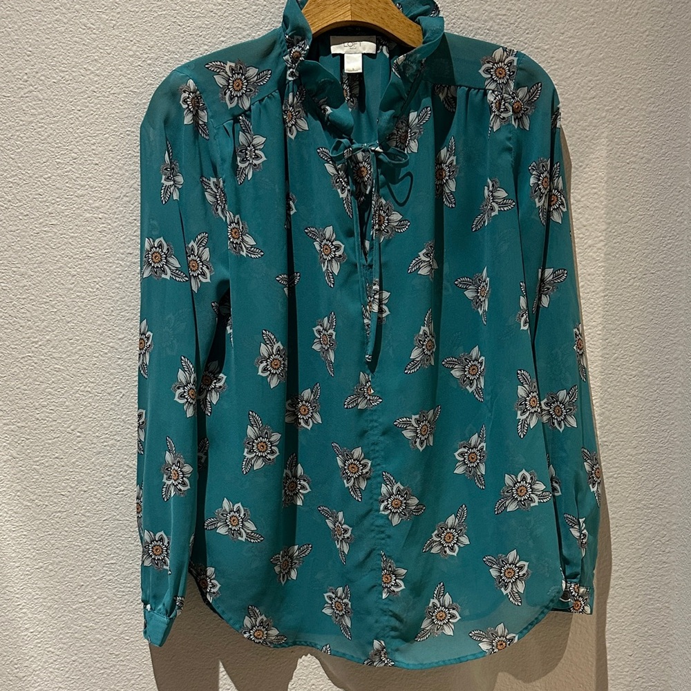 LOFT Teal and White Floral Blouse